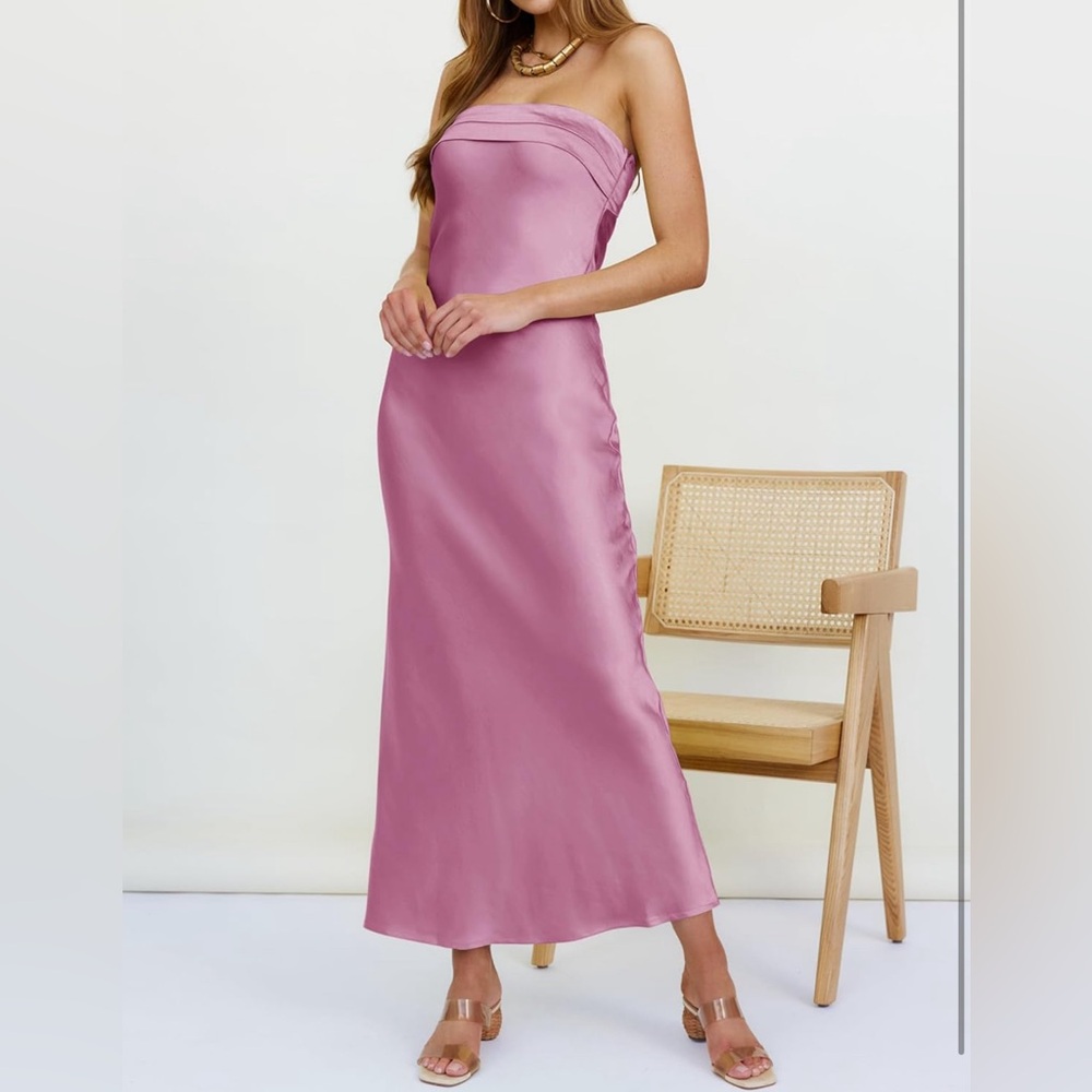 MEROKEETY Women Strapless Satin Tube Bodycon Backless Wedding Guest Maxi Dress - Picture 3 of 4